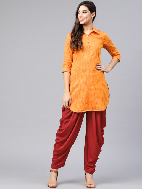 

Shree Women Mustard Yellow & Maroon Solid Kurta with Dhoti Pants