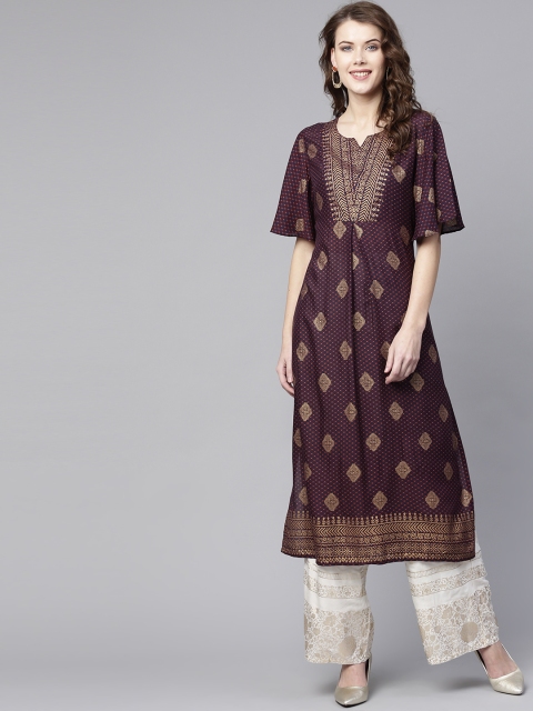 

Shree Women Burgundy & Navy Blue Printed Straight Kurta