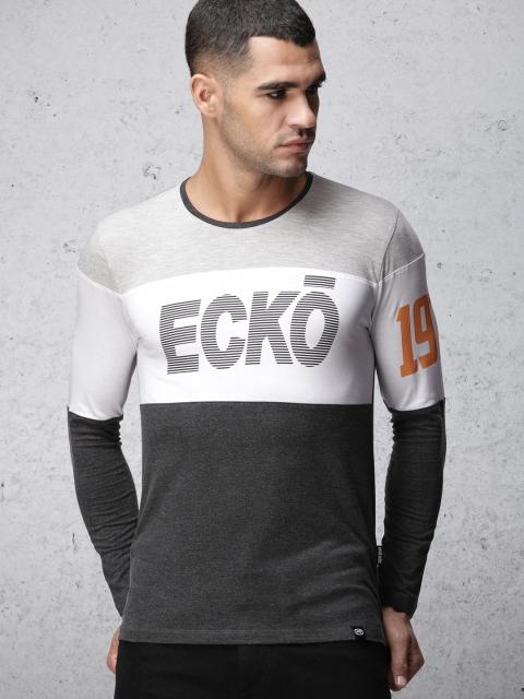 

Ecko Unltd Men Charcoal Black & White Colourblocked Round Neck T-shirt