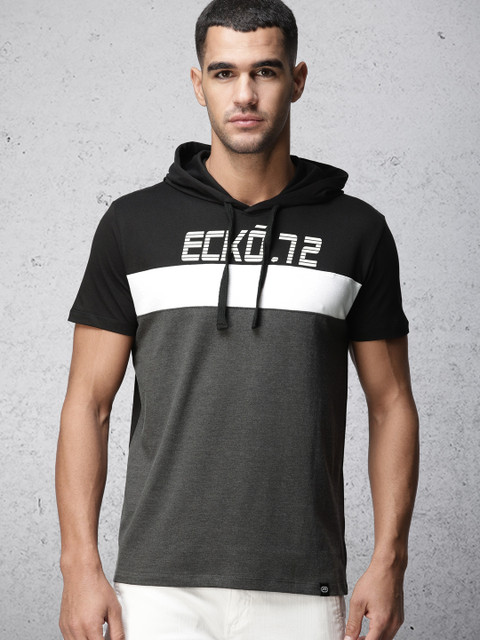 

Ecko Unltd Men Black & Grey Colourblocked Hooded T-shirt