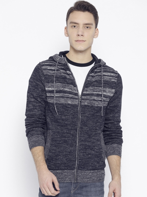 

s.Oliver Men Navy Blue & Off-White Striped Hooded Cardigan