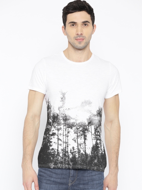 

s.Oliver Men White & Charcoal Grey Printed Round Neck T-shirt