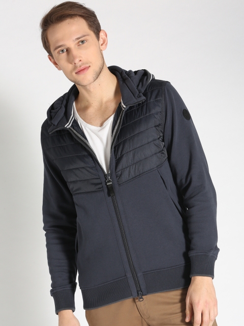 

s.Oliver Men Navy Blue Solid Bomber Jacket with Detachable Hood