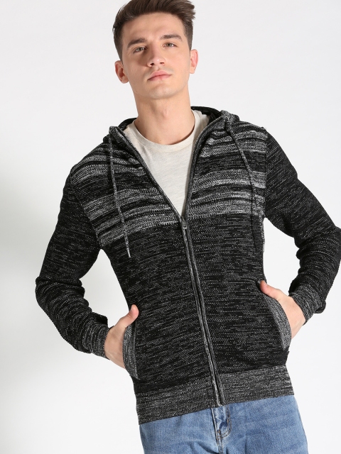 

s.Oliver Men Black & White Self Striped Hooded Cardigan