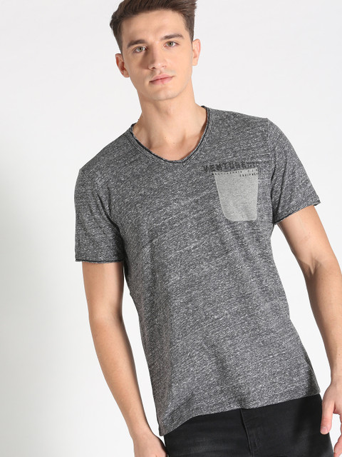 

s.Oliver Men Grey Melange Solid V-Neck T-shirt