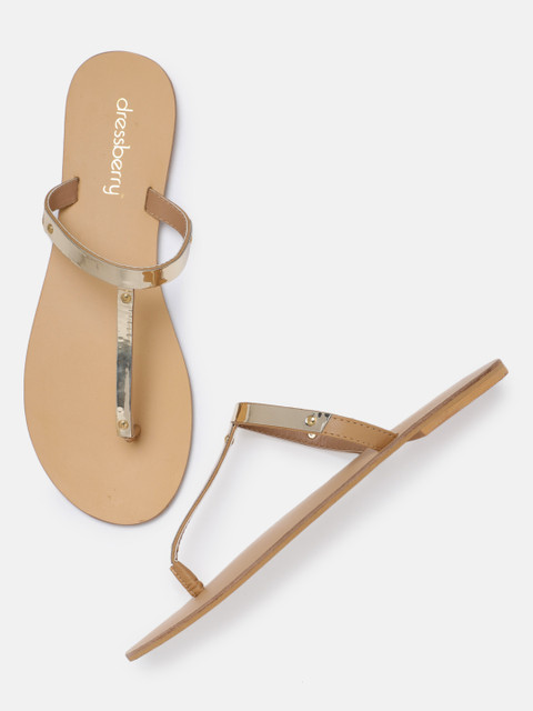 

DressBerry Women Gold-Toned Solid Synthetic T-Strap Flats