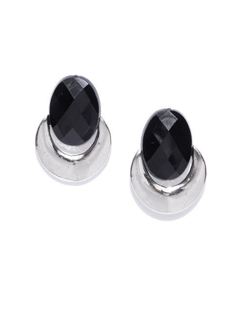 

Zaveri Pearls Black Silver-Plated Stone-Studded Oval Studs