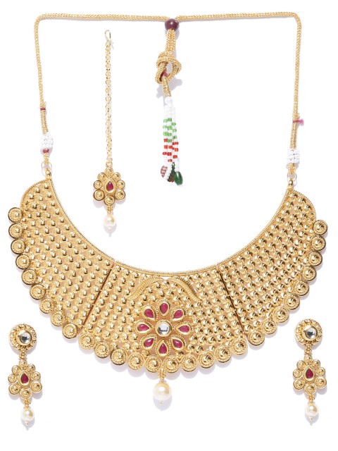 

Zaveri Pearls Gold-Plated Kundan-Studded & Beaded Textured Jewellery Set