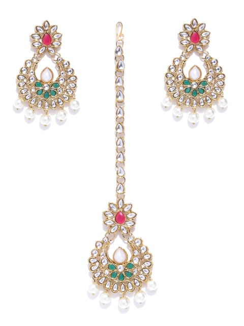 

Zaveri Pearls Green & Pink Gold-Plated Kundan-Studded & Beaded Jewellery Set