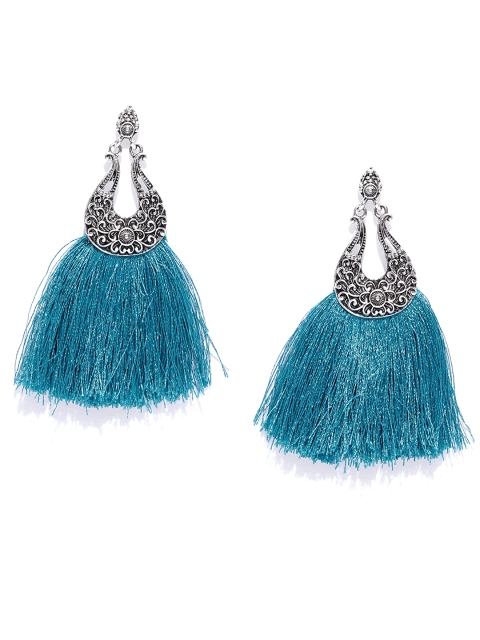 

Zaveri Pearls Teal Blue Oxidised Silver-Plated Tasselled Drop Earrings