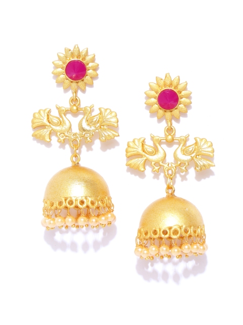 

Zaveri Pearls Pink Gold-Plated Stone-Studded Peacock Shaped Jhumkas