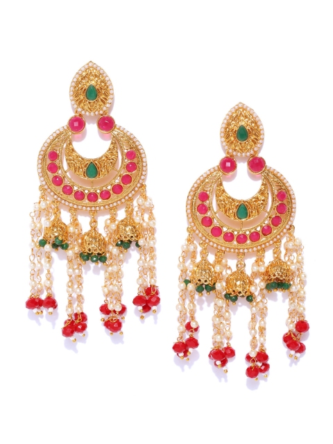 

Zaveri Pearls Pink & Green Gold-Plated Stone-Studded Crescent Shaped Chandbalis