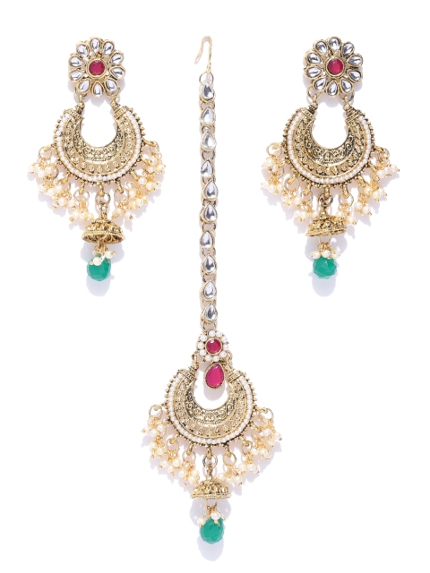 

Zaveri Pearls Off-White Antique Gold-Plated Kundan-Studded Beaded Jewellery Set