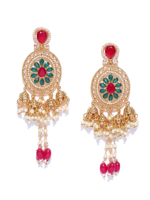

Zaveri Pearls Red Gold-Plated Stone-Studded & Beaded Oval Drop Earrings