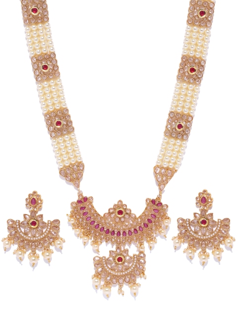 

Zaveri Pearls Off-White & Pink Gold-Plated Stone-Studded & Beaded Jewellery Set