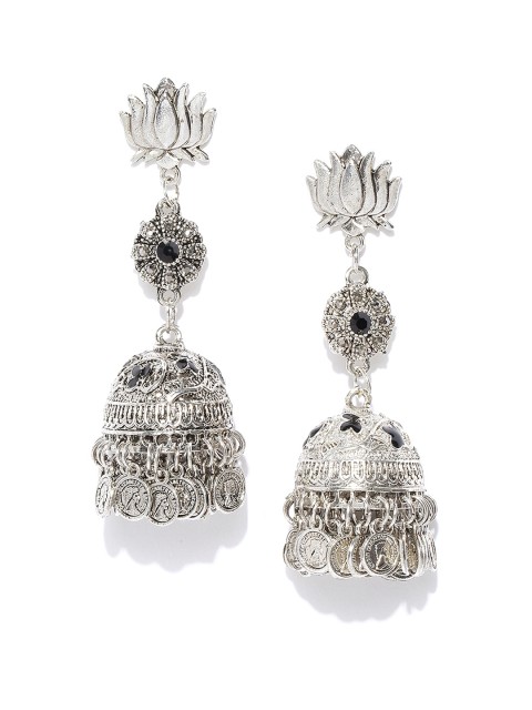 

Zaveri Pearls Black Oxidised Silver-Plated Dome Shaped Enamelled Jhumkas