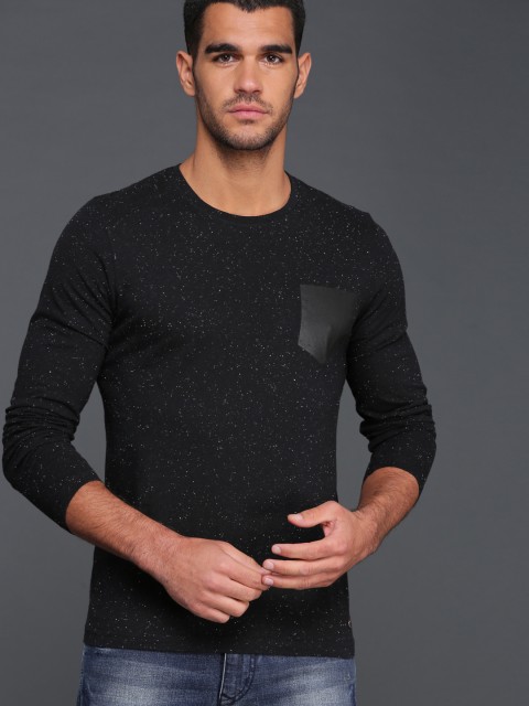 

WROGN Men Black Self Design Round Neck T-shirt