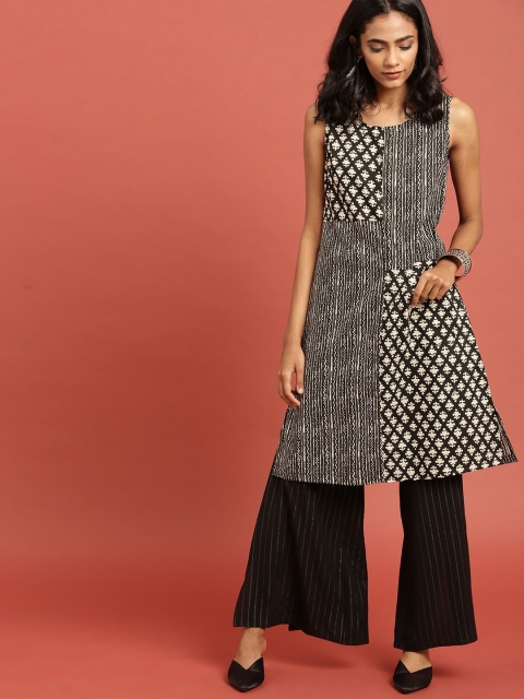 

Taavi Women Black & Cream-Coloured Printed A-Line Sustainable Kurta