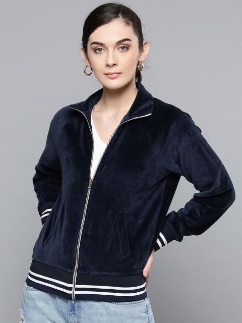 

Harpa Women Navy Blue Solid Varsity Jacket