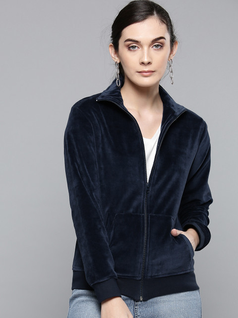 

Harpa Women Navy Blue Solid Bomber Jacket