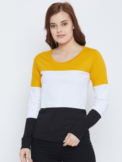 

The Dry State Women Mustard Yellow & White Colourblocked Round Neck T-shirt