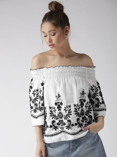 

MIWAY Women White Embroidered Bardot Top