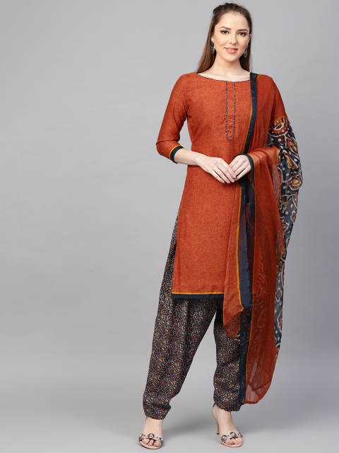 

Saree mall Rust Brown & Navy Blue Unstitched Dress Material