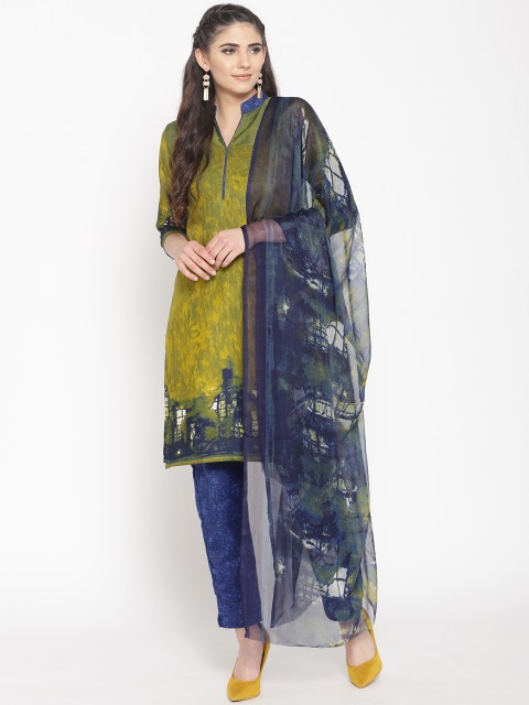 

Saree mall Navy Blue & Green Printed Unstitched Dress Material with Dupatta