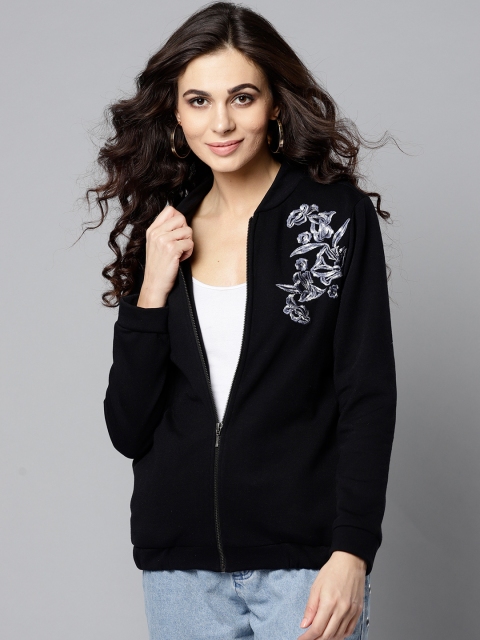 

RARE Women Black Solid Sweatshirt with Embroidered Detail