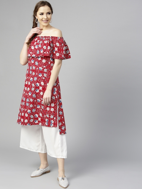 

RARE ROOTS Women Rust Red Printed Off-Shoulder Straight Kurta