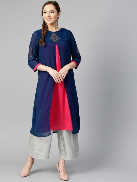 

RARE ROOTS Women Navy Blue & Pink Colourblocked Layered A-Line Kurta