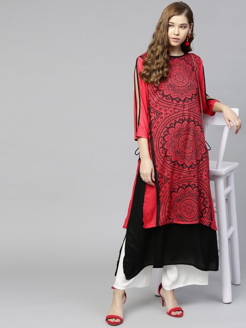 

RARE ROOTS Women Red & Black Layered Khari Print A-Line Kurta