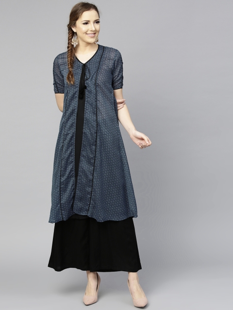 

RARE ROOTS Women Navy Blue & Black Layered Printed A-Line Kurta