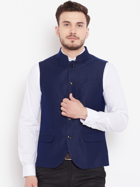 

Blackberrys Men Navy Blue Textured Nehru Jacket