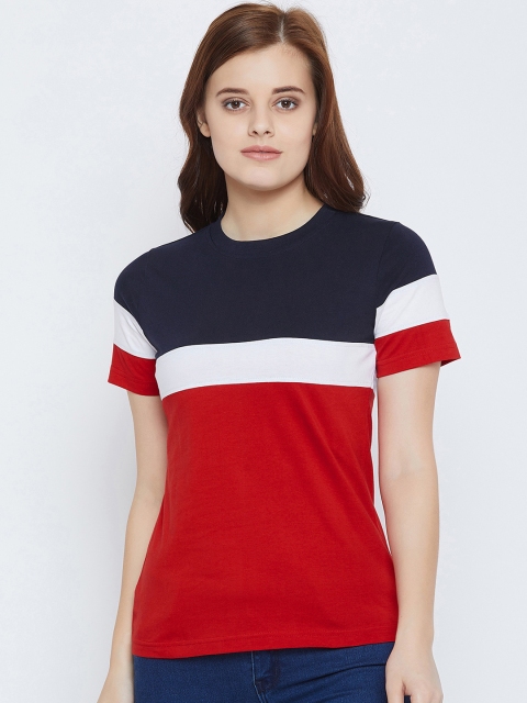 

The Dry State Women Red & Navy Blue Colourblocked Round Neck T-shirt