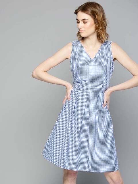 

Marie Claire Women Blue & White Checked Fit and Flare Dress