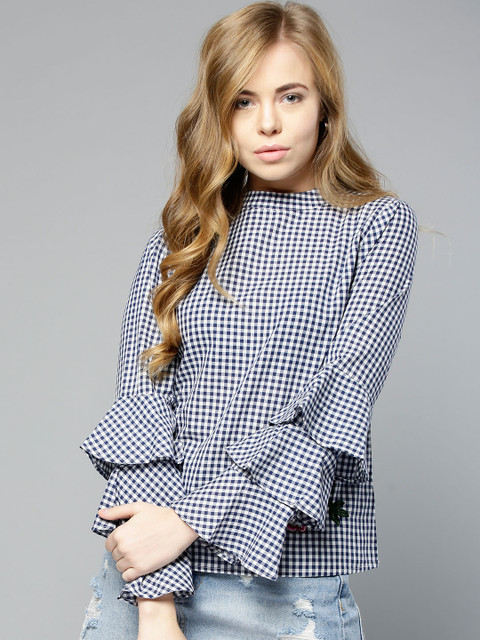 

Marie Claire Women Navy Blue & White Checked Top