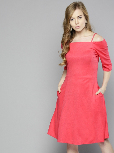 

Marie Claire Women Coral Pink Solid Off Shoulder A-Line Dress