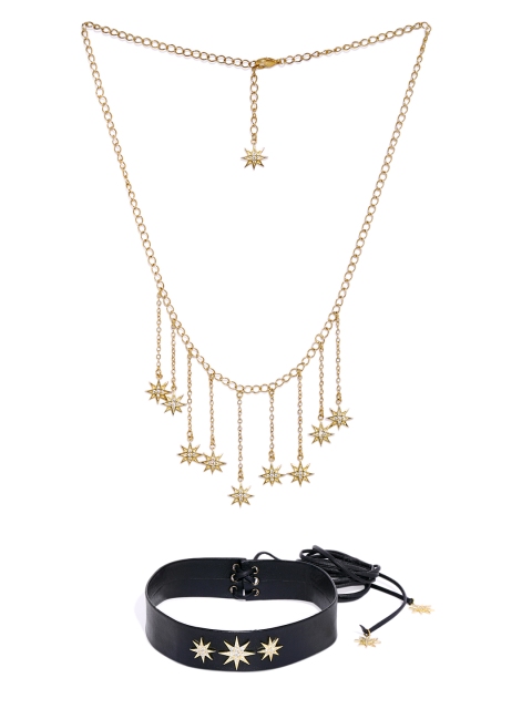 

shaze Gold-Plated & Black Cubic Zirconia Studded Antique Double Layered Necklace