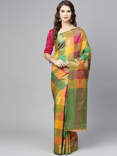 

Saree mall Yellow & Green Checked Kanjeevaram Saree