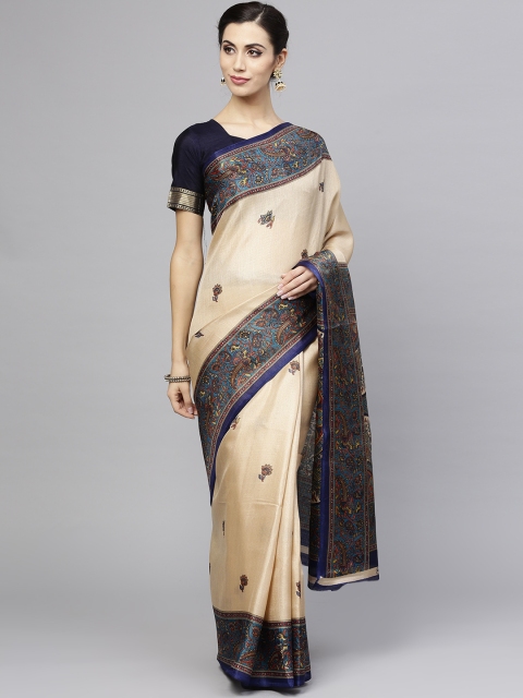 

Saree mall Beige & Navy Blue Printed Saree