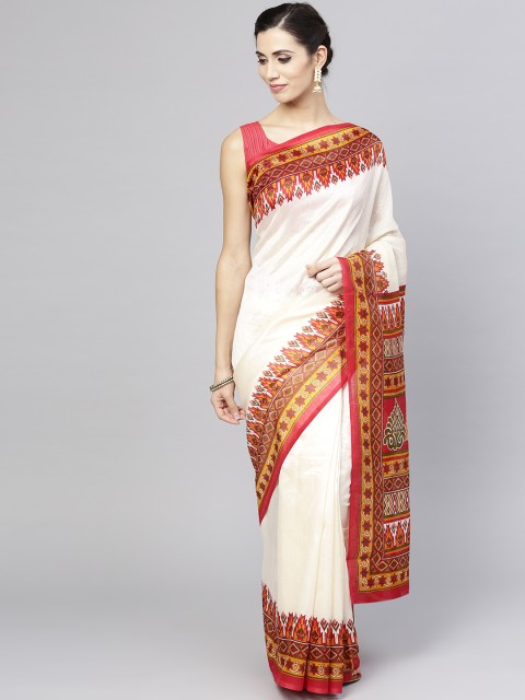 

Saree mall Off-White & Red Solid Banarasi Saree