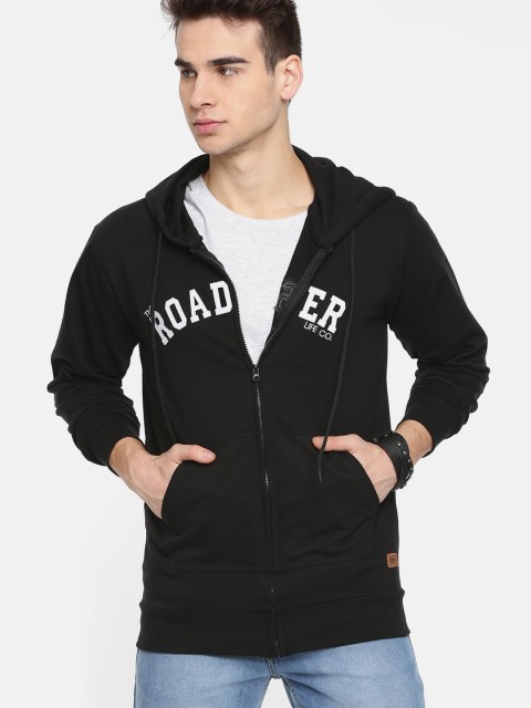 

Roadster Men Black Printed Hooded Sweatshirt