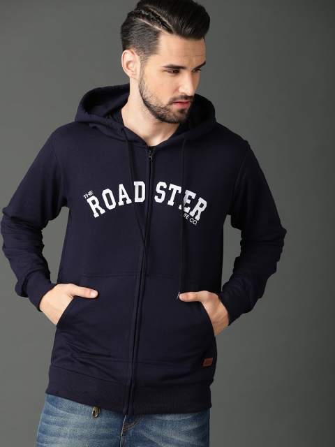 

Roadster Men Navy Blue Appliqued Hooded Sweatshirt