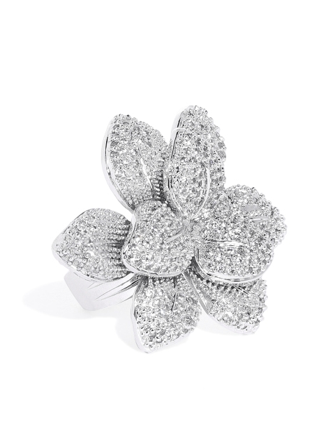 

shaze Women Rhodium-Plated Silver-Tonned CZ Stone Studded Floral Shaped Finger Ring
