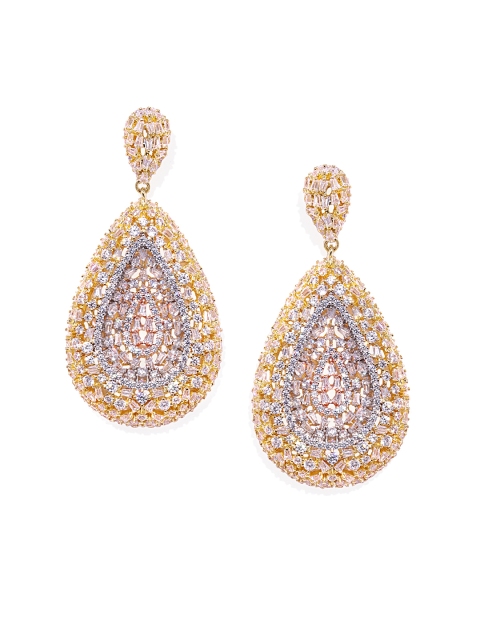 

shaze Gold-Plated & Purple Crystals Studded Teardrop Shaped Drop Earrings