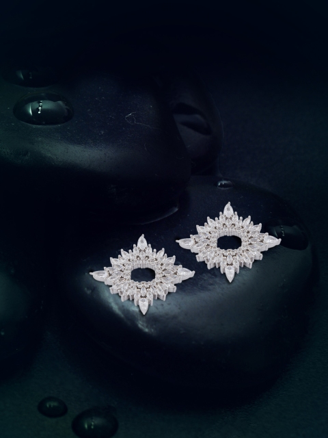 

shaze Silver-Plated Geometric Crystal Drop Earrings