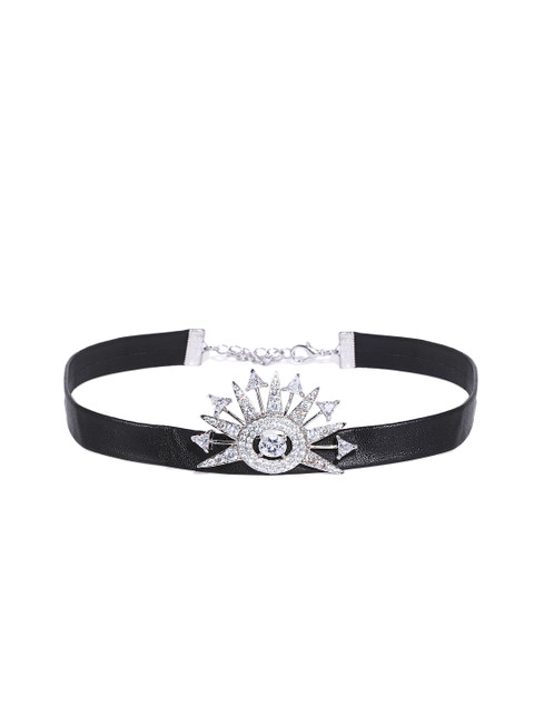 

shaze Silver-Plated & Black Brass Cubic Zirconia Studded Antique Choker Necklace