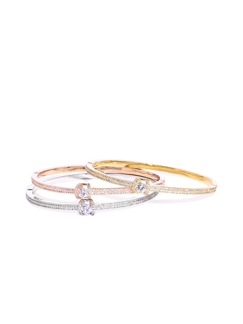 

shaze Set of 3 Gold-Plated Antique CZ Stone-Studded Link Bracelet, White