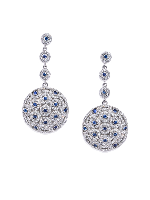 

shaze Silver-Plated & Blue Crystals Studded Circular Drop Earrings